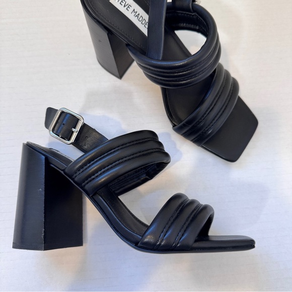 Steve Madden Black Faux Leather Square Toe Heels Women’s 6.5 Sandals Chunky Fall - Picture 1 of 9